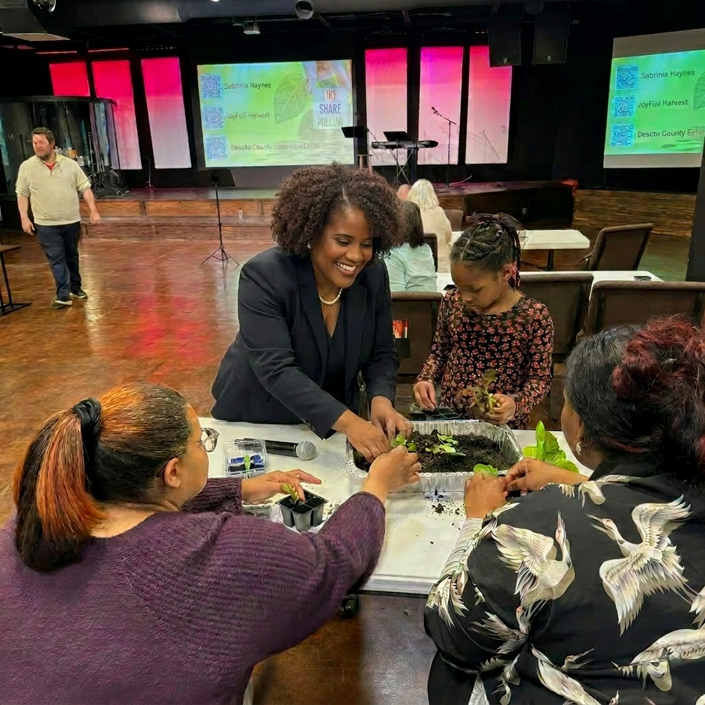 Sabrinia leading a hands-on planting workshop with families