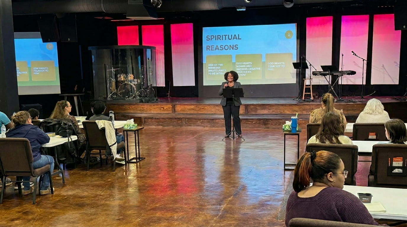 Sabrinia speaking on stage at a faith-based teaching event